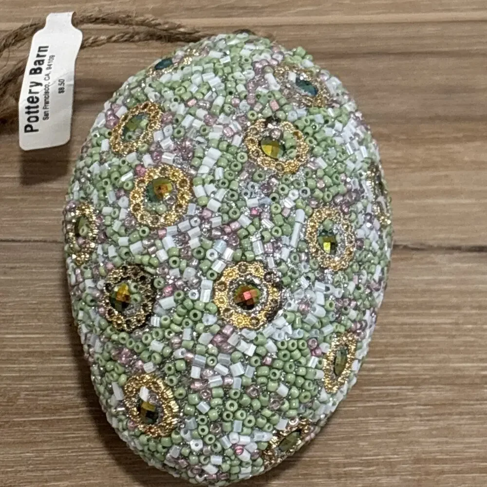 Pottery Barn Large Easter Beaded Ornament Egg Set Of 2 Mint Green Pink Gold